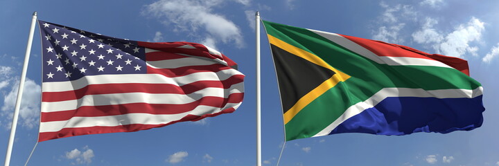 Flying flags of the USA and South africa on sky background, 3d rendering