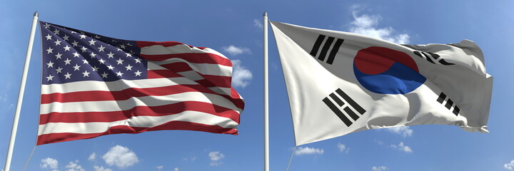 Flying flags of the USA and Korea on sky background, 3d rendering