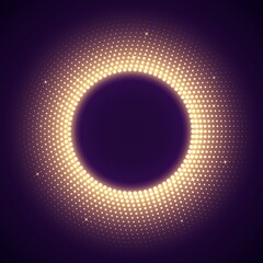 Golden round frame in disco style. Bright illuminated circular border isolated on a dark background. Abstract retro background with halftone gradient. Vector light effect.