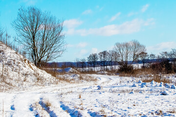 Winter landscape with snow-covered road and trees in sunny weather