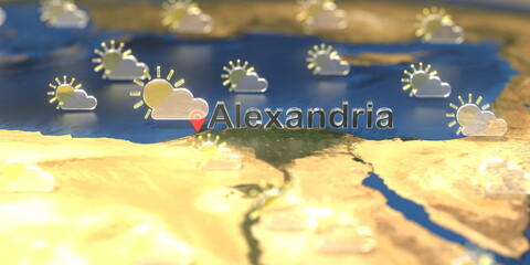 Alexandria city and partly cloudy weather icon on the map, weather forecast related 3D rendering