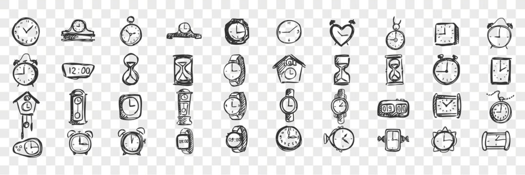 Watches doodle set. Collection of hand drawn templates sketches patterns of male female hand pocket timers and clocks on transparent background. Fashionable lifestyle and shopping illustration.