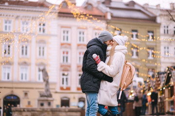 holidays, winter, christmas and people concept - happy couple in