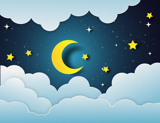 Obraz na płótnie Canvas moon and stars in midnight .paper art style.