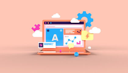 Statistics Data Dashboard on Laptop Notebook 3D illustration