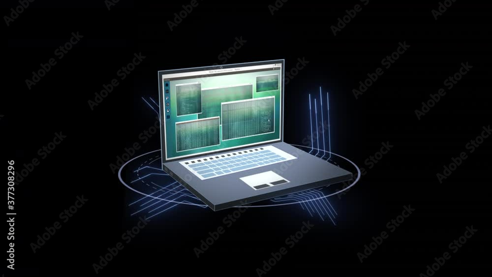 Poster digitally animated laptop with different windows on screen against a black background. notebook icon