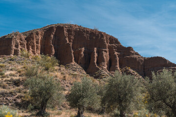 Eroded mountain with vegetation and olive groves