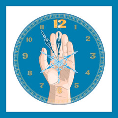 Christmas clock with a snowflake in the palm of your hand. vector illustration