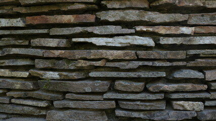 decorative wall of gray narrow flat rough stones making up natural textured embossed background