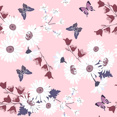 Seamless vector illustration with flowers campanulas, chamomile and butterfly