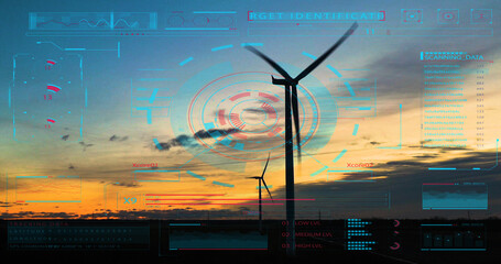 Aerial view of power line Wind turbine with network communication internet of thing. Concept of:...
