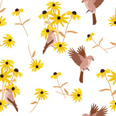 Seamless vector illustration with flowers of rudbeckia and birds