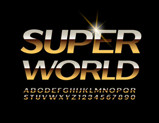 Vector shiny sign Super World. Metallic glossy Font. Gold chic Alphabet Letters and Numbers set