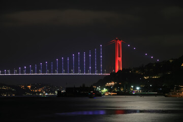 Fototapeta na wymiar One of Istanbul's two suspension bridges spanning the Bosphorus Strait. The Bosphorus Bridge. long exposure.