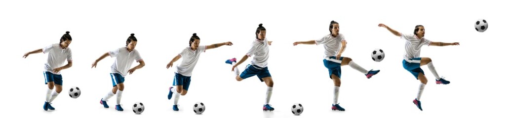 Confident football player in motion and action isolated on white background, kicking ball in dynamic. Concept of activity, movement, healthy lifestyle, expression of sport. Young male sportsman.