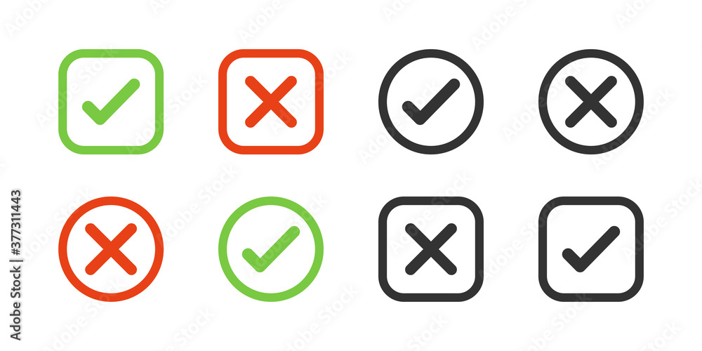 Poster check mark with cross mark. vector icons in square and circle. yes or no symbols. check mark and cro