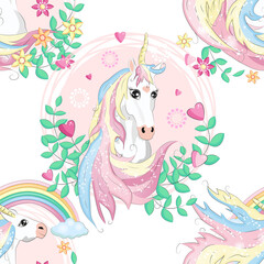 pattern with cute unicorns, clouds,rainbow and stars. Magic background with little unicorns