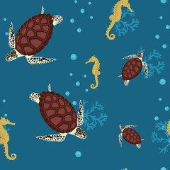 Seamless pattern with sea turtles and seahorse