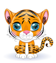 Cute cartoon tiger with beautiful eyes, bright, orange for greeting cards