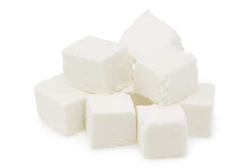 Slices feta cheese isolated on white background. Clipping path and full depth of field