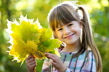 Portrait of happy pretty child girl holding a bunch of fallen tree leaves in autumn forest....