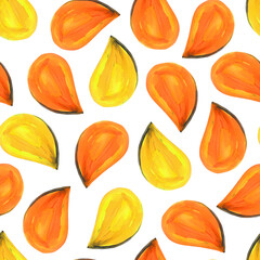Yellow and orange watercolor petals on a white background. Seamless pattern. Design for fabric, print, card, wrapping.