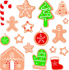 Vector set of Christmas gingerbread. Gingerbread of various shapes - balls, Christmas tree, star. 