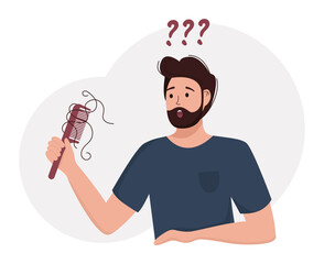 Flat vector illustration of a male person with a comb in hand. Alopecia, hair loss in young age, hair problems, baldness.