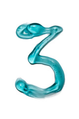 Number three written by transparent gel isolated on white background. Squeezed transparent gel with bubbles close-up