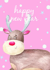 New Year and Christmas card, postcard, invitation, cute character, deer print design happy new year