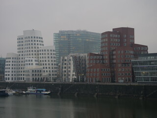 Dusseldorf modern architecture buildings in the morning mist
