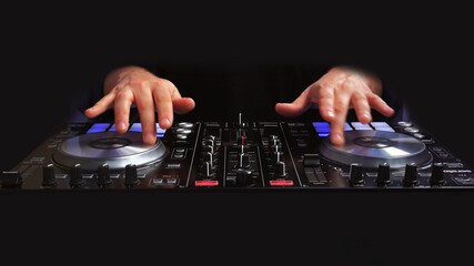 Turn on DJ turntable mixer desk, front view