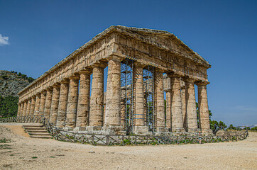 Ruins of the Doric Greek temple of Segesta from the 5th century BC on the island of Sicily. Italy - 377317422