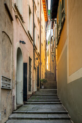 Morcote village stairway alley called Strecia di Mort street vertical view in Morcote Ticino Switzerland