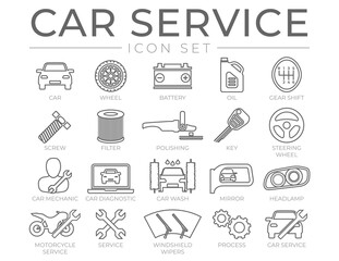 Car Service Outline Icons Set with Battery, Oil, Gear Shifter, Filter, Polishing, Key, Steering Wheel, Diagnostic, Wash, Mirror, Headlamp Icons