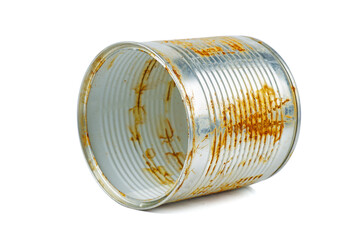 Old empty rusty tin can on white background