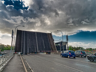 Egernsund car and footåath bridge open for boats passing, Denmark