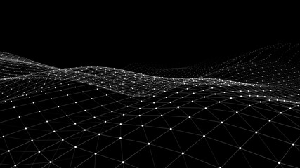 Black background for presentation. Abstract dynamic wave of many particles and lines. Vector perspective grid. Network or connection. Detailed lines forming an abstract background.