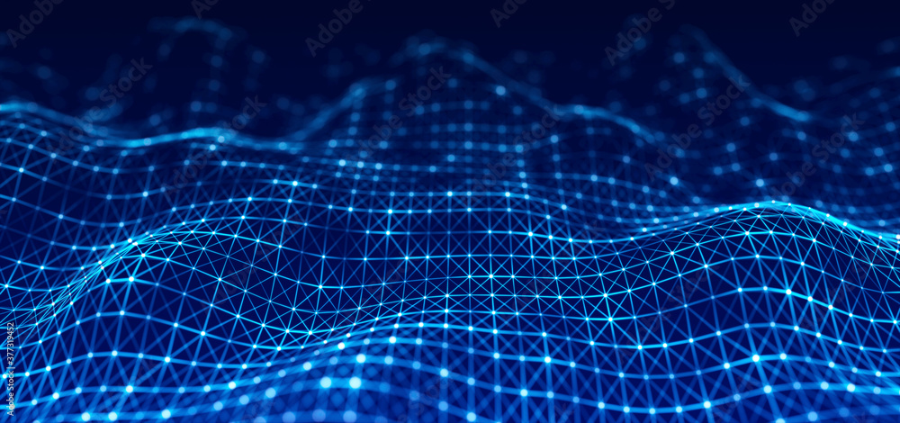 Poster shining abstract dynamic wave of points and lines. perspective grid. big data. network of particles.