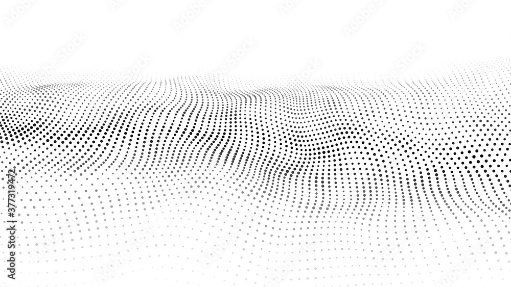 Poster abstract gradient dynamic wave of particles. white background. network of bright points or dots. big