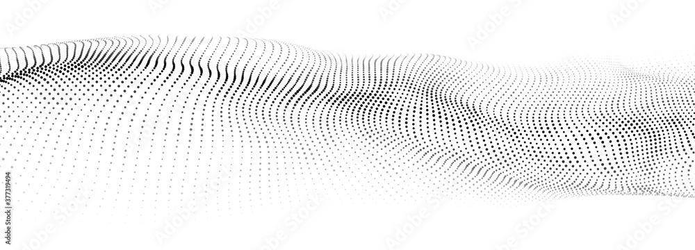 Poster abstract gradient dynamic wave of particles. white background. network of bright points or dots. big