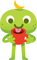 green cute freak monsters is greedy for coffee