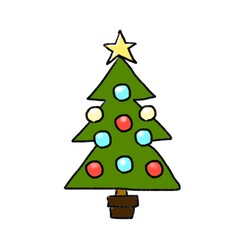 クリスマスツリー, 手書き, 冬, シンプル, 飾り付け, 手描き, スター, 星, 樫の木, 青, ブルー, 赤, レッド, 黄色, イエロー, 緑, グリーン, イラスト, クリスマス, パーティー, 雪, 挿絵