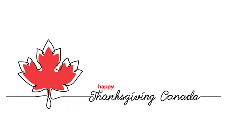 Fotobehang Thanksgiving Canada art background with maple leaf. Simple vector web banner. One continuous line drawing with lettering happy Thanksgiving Canada. © alstanova@gmail.com