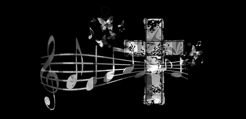 Christian cross with music notes vector illustration. Religion themed background. Design for gospel church music, choir singing, concert, festival, Christianity, prayer