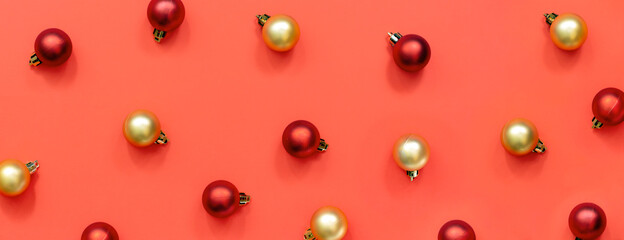 Christmas and Happy New Year web banner. Xmas red and gold balls on red background. Horizontal posters, greeting cards.