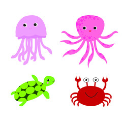 Set Undersea Animal Cartoon Illustration Vector