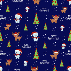 Naklejka premium Merry Christmas seamless pattern. Vector illustration with cartoon deer, snowman and Christmas tree.