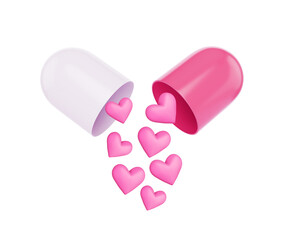 Opened capsule pill with falling hearts isolated on white background. Element design for medical pharmaceutics love concept, 3d render