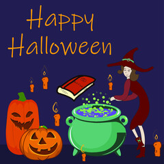 Happy Halloween Witch making a potion square design Creepy pumpkins dark illustration